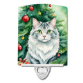 American Curl Cat By the Christmas Tree Ceramic Night Light Compact, UL-Certified, Ideal for Bedroom, Bathroom, Nursery, Hallway, Kitchen, 6x4x3, Multicolor