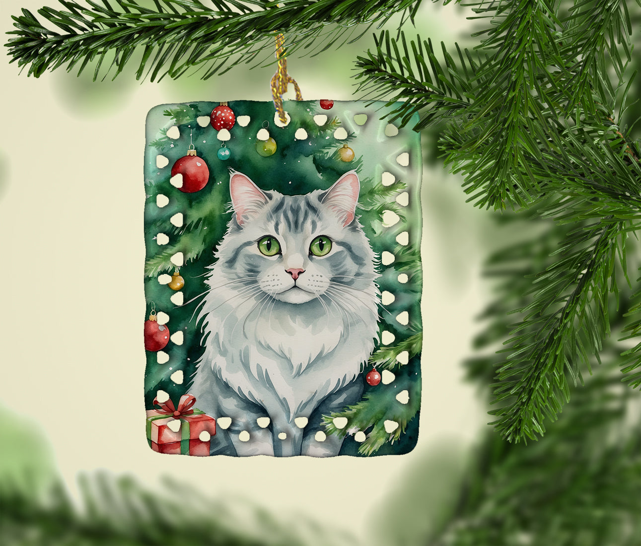 American Curl Cat By the Christmas Tree Porcelain Ornament Christmas Tree Hanging Decorations for Home Christmas Holiday, Rectangle, Gift, Multicolor