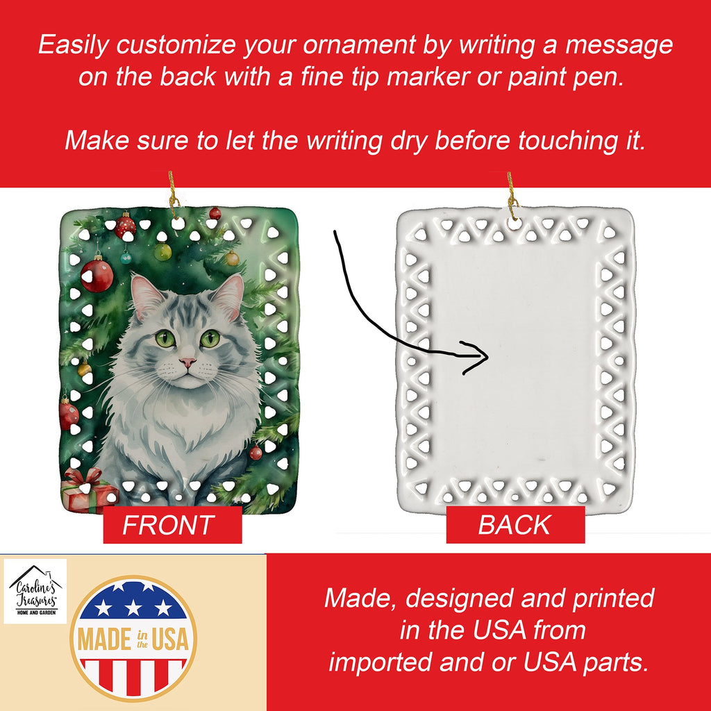 American Curl Cat By the Christmas Tree Porcelain Ornament Christmas Tree Hanging Decorations for Home Christmas Holiday, Rectangle, Gift, Multicolor