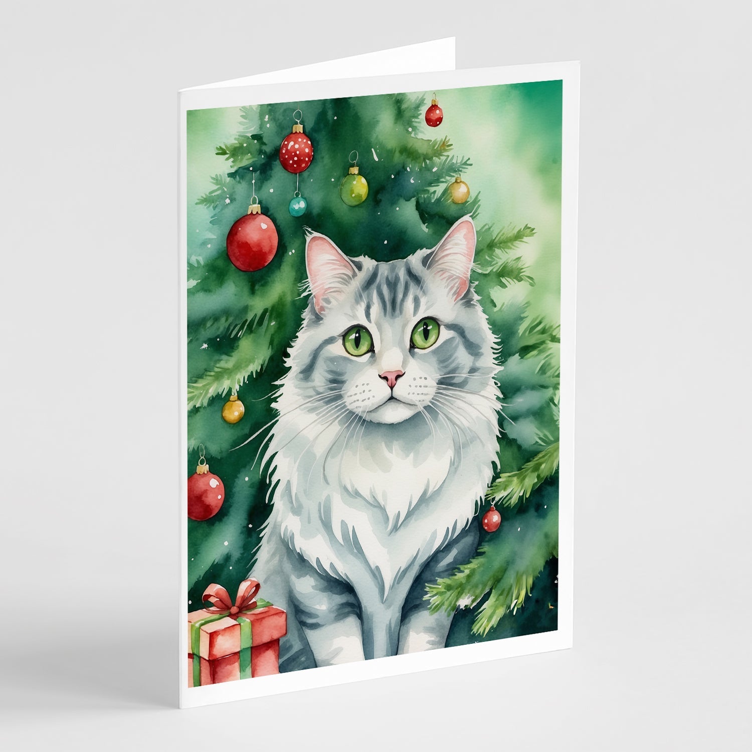 American Curl Cat By the Christmas Tree Greeting Cards Pack of 8 Blank Cards with Envelopes Whimsical A7 Size 5x7