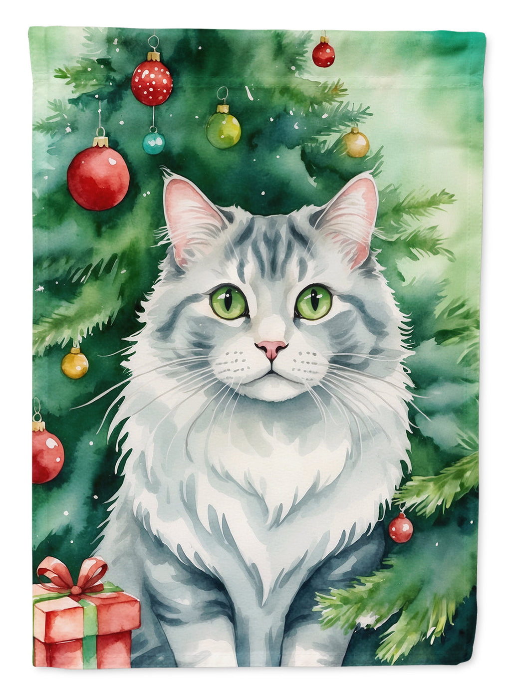 American Curl Cat By the Christmas Tree Garden Flag Mailbox Decorative Yard Banner Outside Patio Artwork for Flower Beds, Garden Size, Multicolor