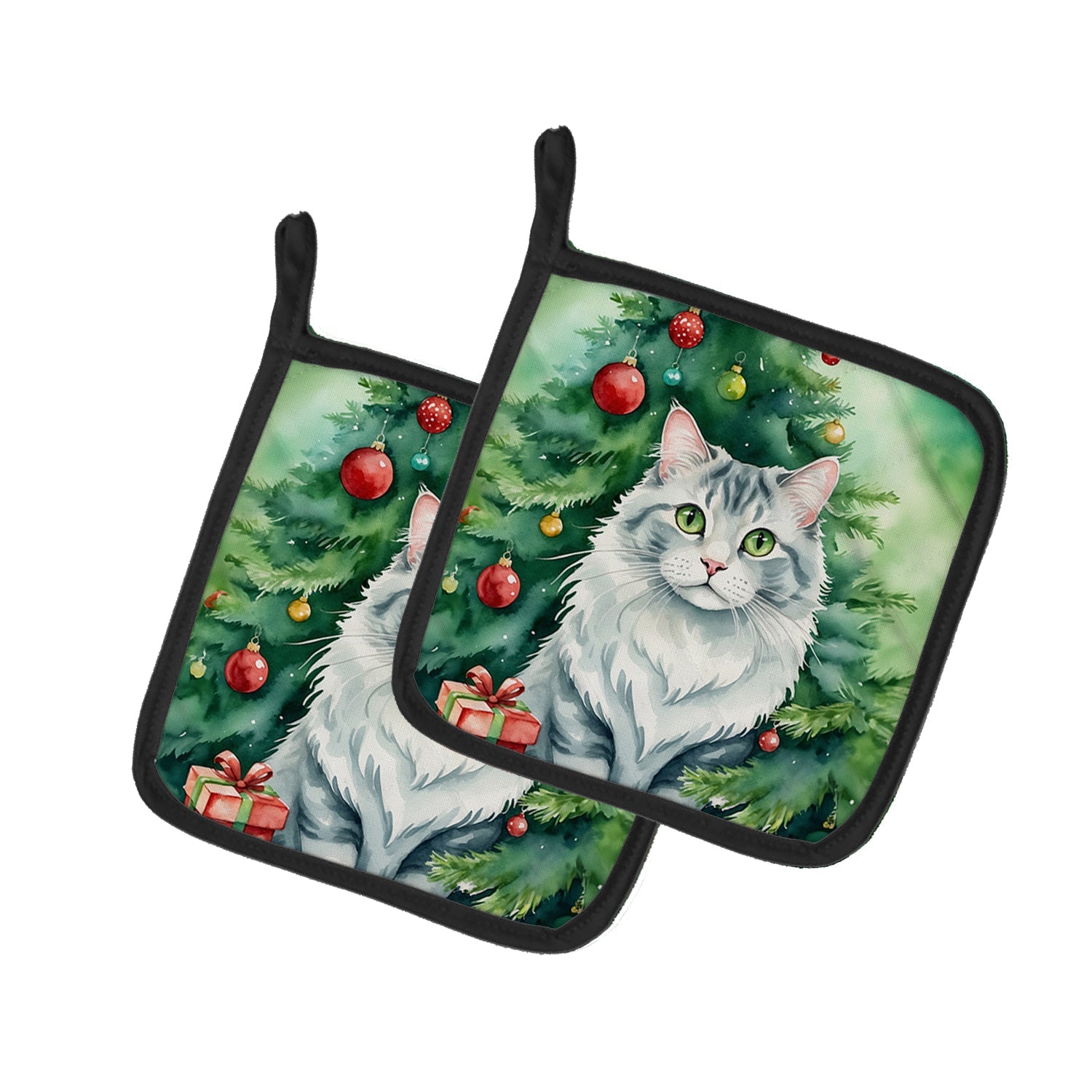 American Curl Cat By the Christmas Tree Pot Holder Set of 2 Heat Resistant Quilted Hot Pads 7.5 x 7.5 Inch, Insulated Kitchen Trivets for Cooking & Baking