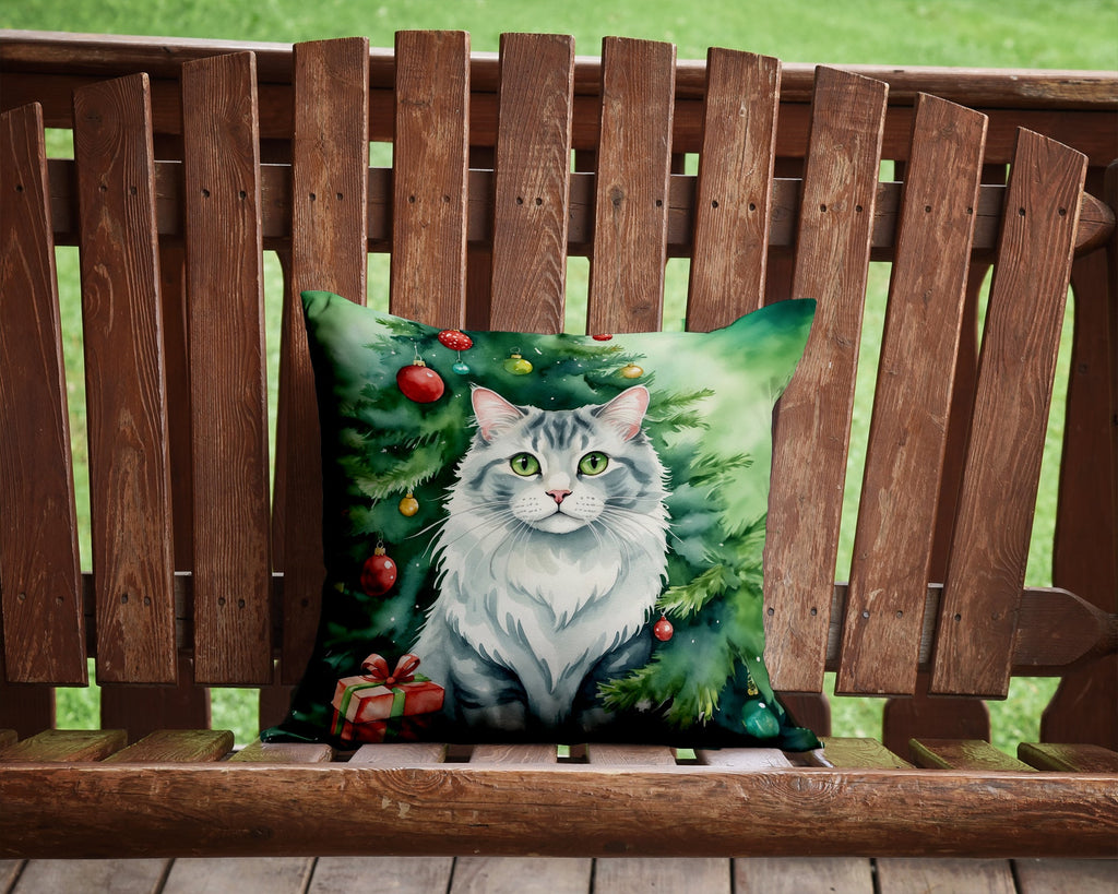 American Curl Cat By the Christmas Tree Decorative Throw Pillow 14x14 Indoor Outdoor Accent Cushion, Fabric Cover with Insert for Sofa, Bed, Porch & Living Room