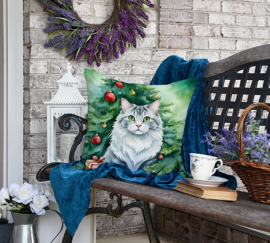 American Curl Cat By the Christmas Tree Decorative Throw Pillow 18x18 Indoor Outdoor Accent Cushion, Fabric Cover with Insert for Sofa, Bed, Porch & Living Room