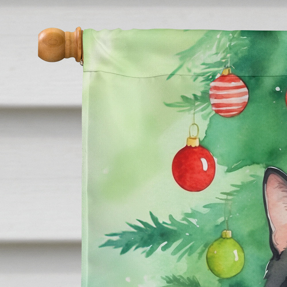 American Polydactyl Cat By the Christmas Tree House Flag 28x40 Porch Sleeve Pole Decorative Outside Yard Banner Artwork Wall Hanging, Polyester