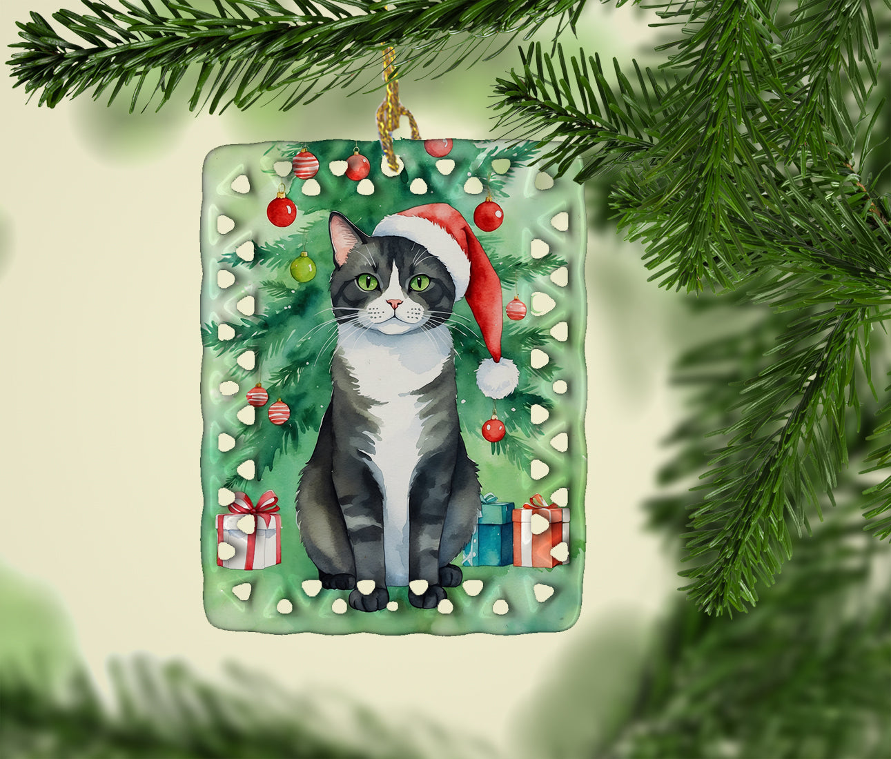 American Polydactyl Cat By the Christmas Tree Porcelain Ornament Christmas Tree Hanging Decorations for Home Christmas Holiday, Rectangle, Gift, Multicolor