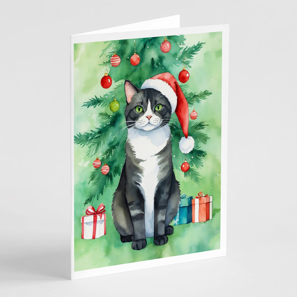 American Polydactyl Cat By the Christmas Tree Greeting Cards Pack of 8 Blank Cards with Envelopes Whimsical A7 Size 5x7