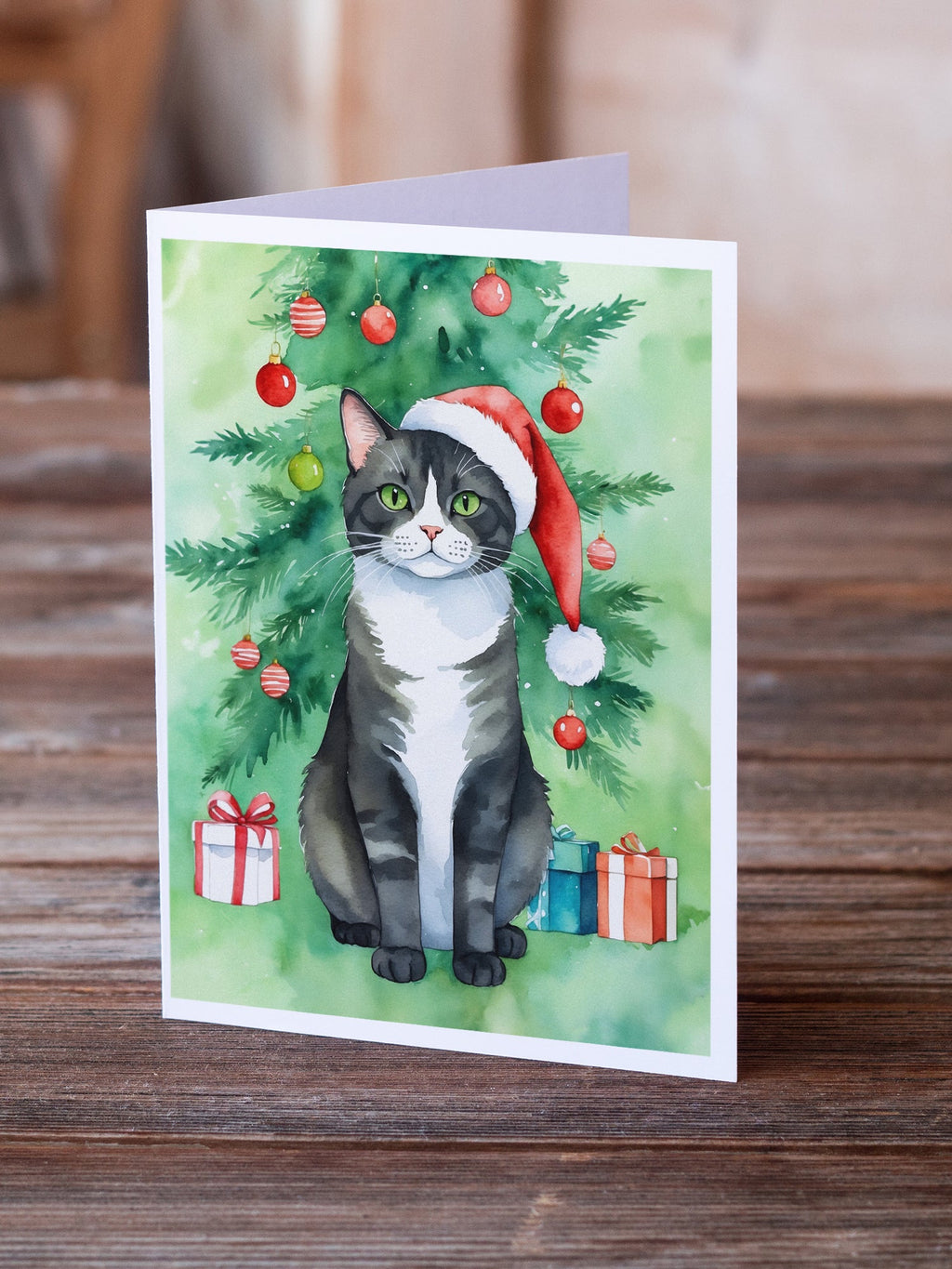 American Polydactyl Cat By the Christmas Tree Greeting Cards Pack of 8 Blank Cards with Envelopes Whimsical A7 Size 5x7