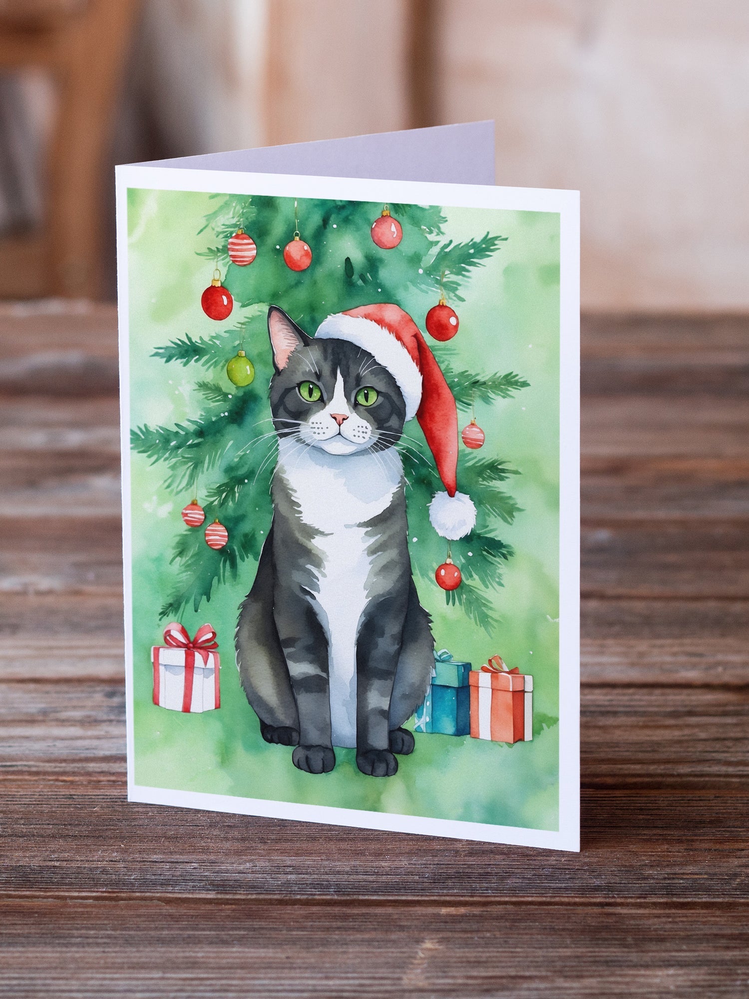 American Polydactyl Cat By the Christmas Tree Greeting Cards Pack of 8 Blank Cards with Envelopes Whimsical A7 Size 5x7