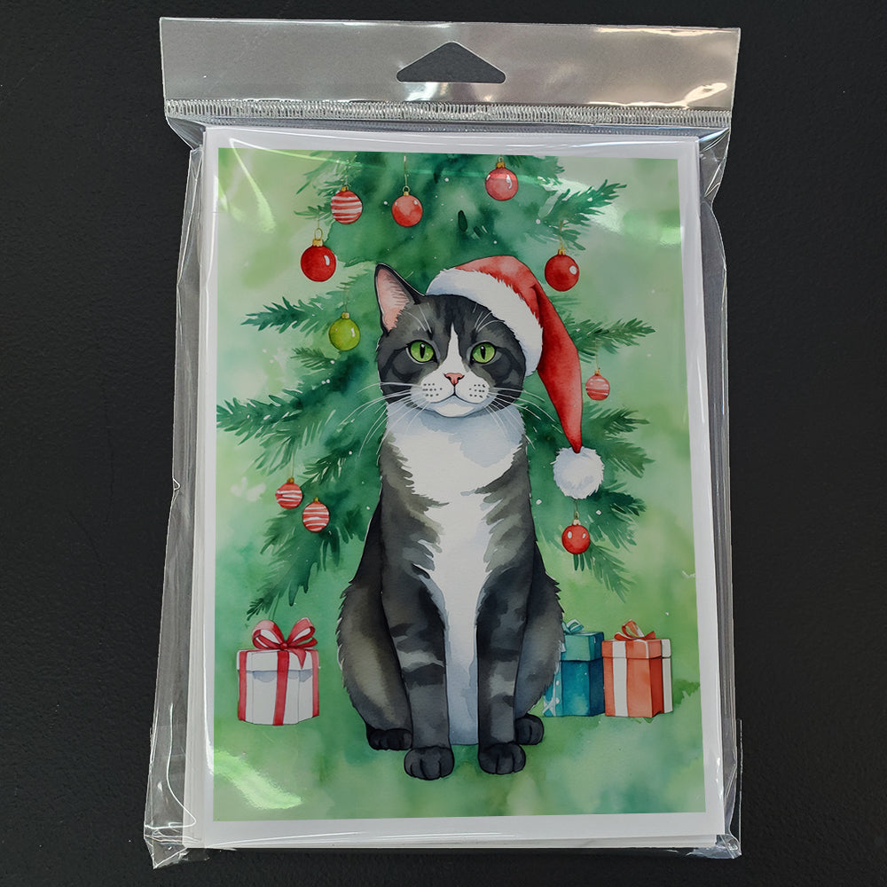 American Polydactyl Cat By the Christmas Tree Greeting Cards Pack of 8 Blank Cards with Envelopes Whimsical A7 Size 5x7