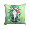 American Polydactyl Cat By the Christmas Tree Decorative Throw Pillow 14x14 Indoor Outdoor Accent Cushion, Fabric Cover with Insert for Sofa, Bed, Porch & Living Room