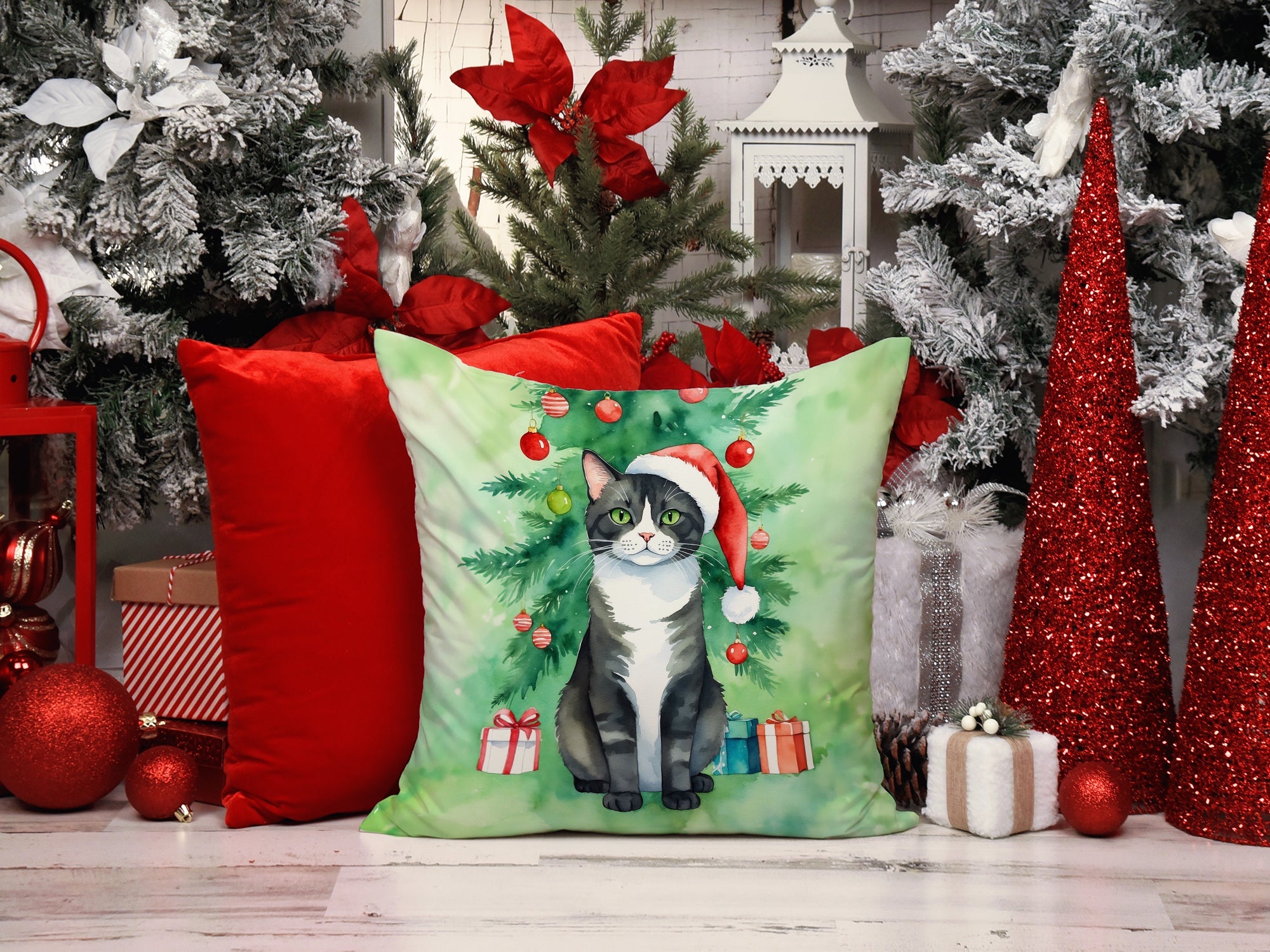 American Polydactyl Cat By the Christmas Tree Decorative Throw Pillow 18x18 Indoor Outdoor Accent Cushion, Fabric Cover with Insert for Sofa, Bed, Porch & Living Room