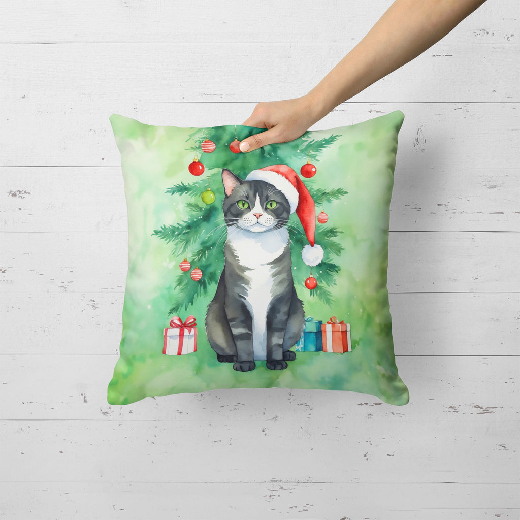 American Polydactyl Cat By the Christmas Tree Decorative Throw Pillow 18x18 Indoor Outdoor Accent Cushion, Fabric Cover with Insert for Sofa, Bed, Porch & Living Room
