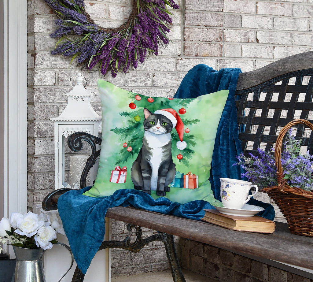 American Polydactyl Cat By the Christmas Tree Decorative Throw Pillow 18x18 Indoor Outdoor Accent Cushion, Fabric Cover with Insert for Sofa, Bed, Porch & Living Room