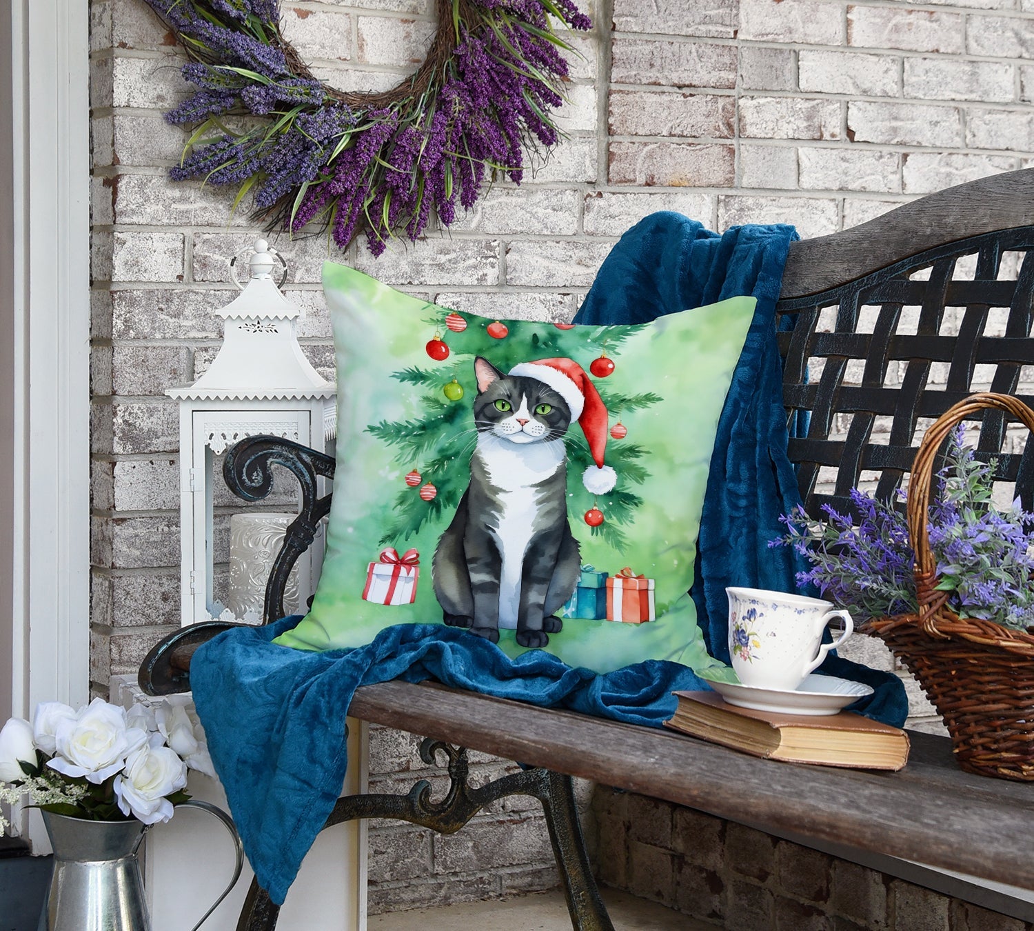 American Polydactyl Cat By the Christmas Tree Decorative Throw Pillow 18x18 Indoor Outdoor Accent Cushion, Fabric Cover with Insert for Sofa, Bed, Porch & Living Room
