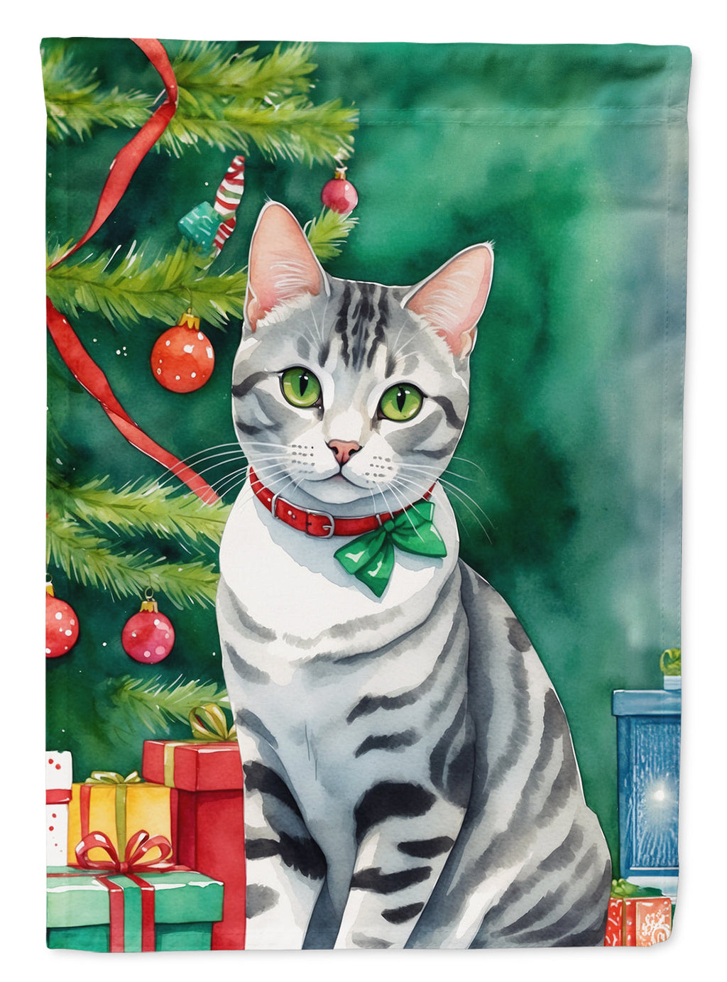 American Shorthair Cat By the Christmas Tree House Flag 28x40 Porch Sleeve Pole Decorative Outside Yard Banner Artwork Wall Hanging, Polyester