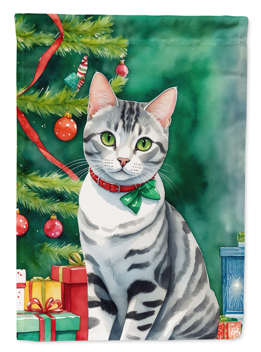 American Shorthair Cat By the Christmas Tree House Flag 28x40 Porch Sleeve Pole Decorative Outside Yard Banner Artwork Wall Hanging, Polyester