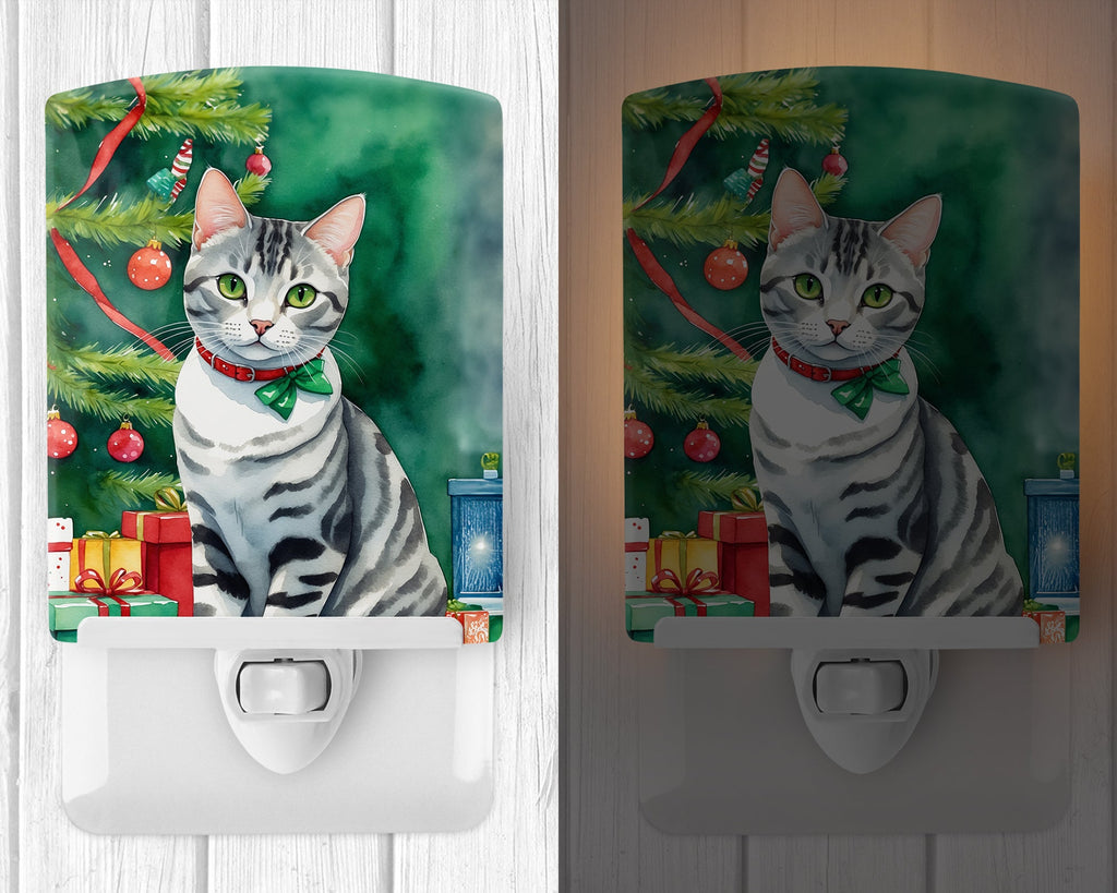 American Shorthair Cat By the Christmas Tree Ceramic Night Light Compact, UL-Certified, Ideal for Bedroom, Bathroom, Nursery, Hallway, Kitchen, 6x4x3, Multicolor