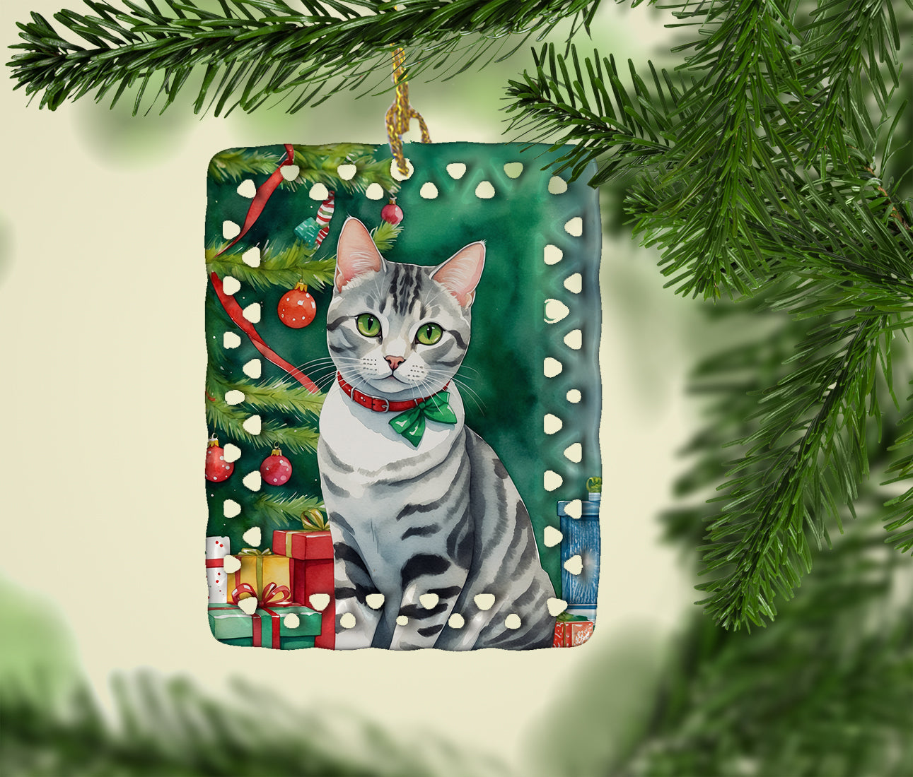 American Shorthair Cat By the Christmas Tree Porcelain Ornament Christmas Tree Hanging Decorations for Home Christmas Holiday, Rectangle, Gift, Multicolor