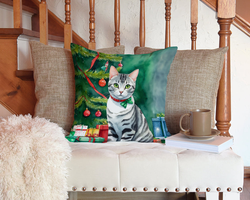 American Shorthair Cat By the Christmas Tree Decorative Throw Pillow 14x14 Indoor Outdoor Accent Cushion, Fabric Cover with Insert for Sofa, Bed, Porch & Living Room