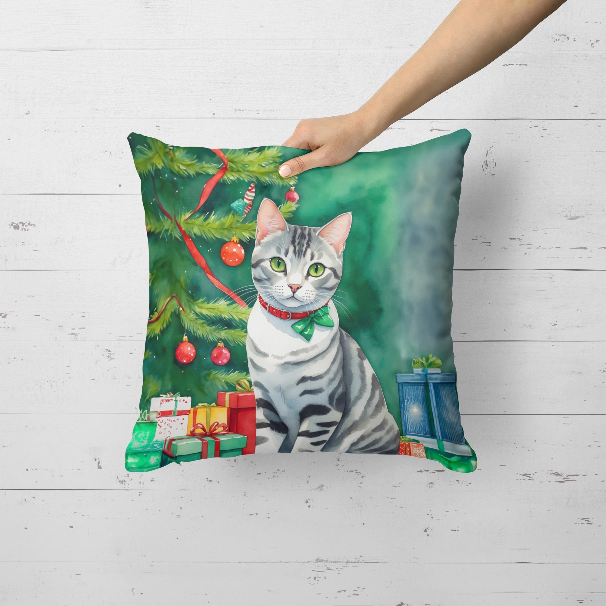 American Shorthair Cat By the Christmas Tree Decorative Throw Pillow 18x18 Indoor Outdoor Accent Cushion, Fabric Cover with Insert for Sofa, Bed, Porch & Living Room
