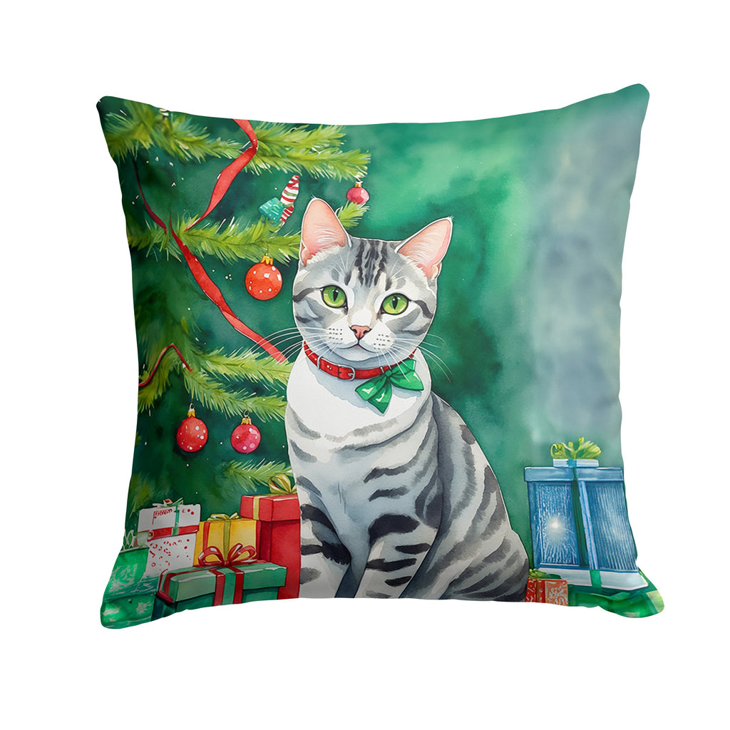 American Shorthair Cat By the Christmas Tree Decorative Throw Pillow 18x18 Indoor Outdoor Accent Cushion, Fabric Cover with Insert for Sofa, Bed, Porch & Living Room