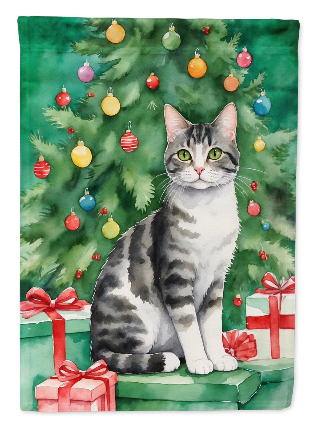 American Wirehair Cat By the Christmas Tree House Flag 28x40 Porch Sleeve Pole Decorative Outside Yard Banner Artwork Wall Hanging, Polyester