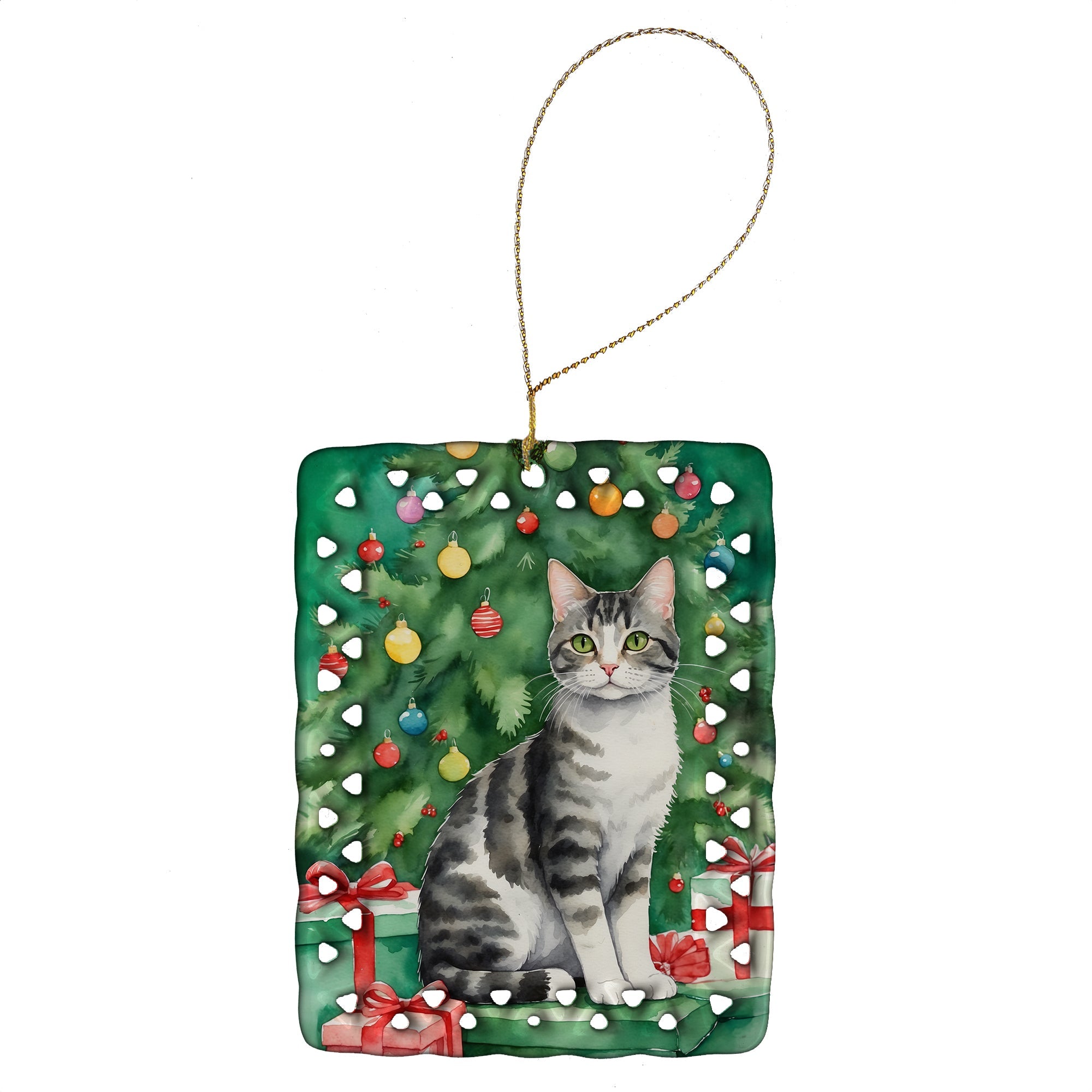 American Wirehair Cat By the Christmas Tree Porcelain Ornament Christmas Tree Hanging Decorations for Home Christmas Holiday, Rectangle, Gift, Multicolor