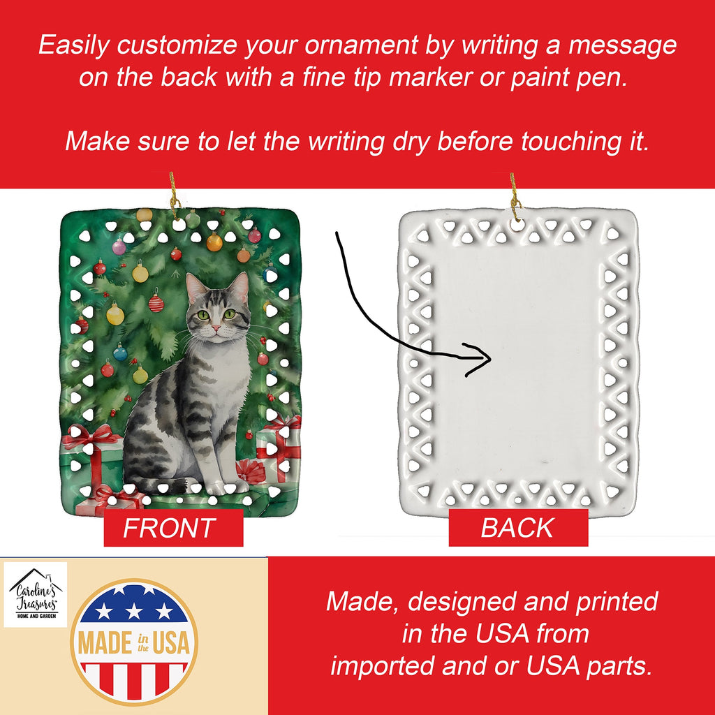 American Wirehair Cat By the Christmas Tree Porcelain Ornament Christmas Tree Hanging Decorations for Home Christmas Holiday, Rectangle, Gift, Multicolor