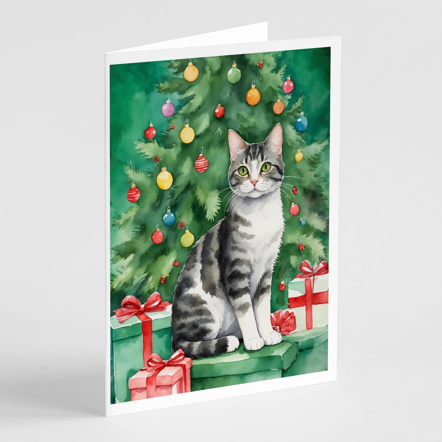 American Wirehair Cat By the Christmas Tree Greeting Cards Pack of 8 Blank Cards with Envelopes Whimsical A7 Size 5x7