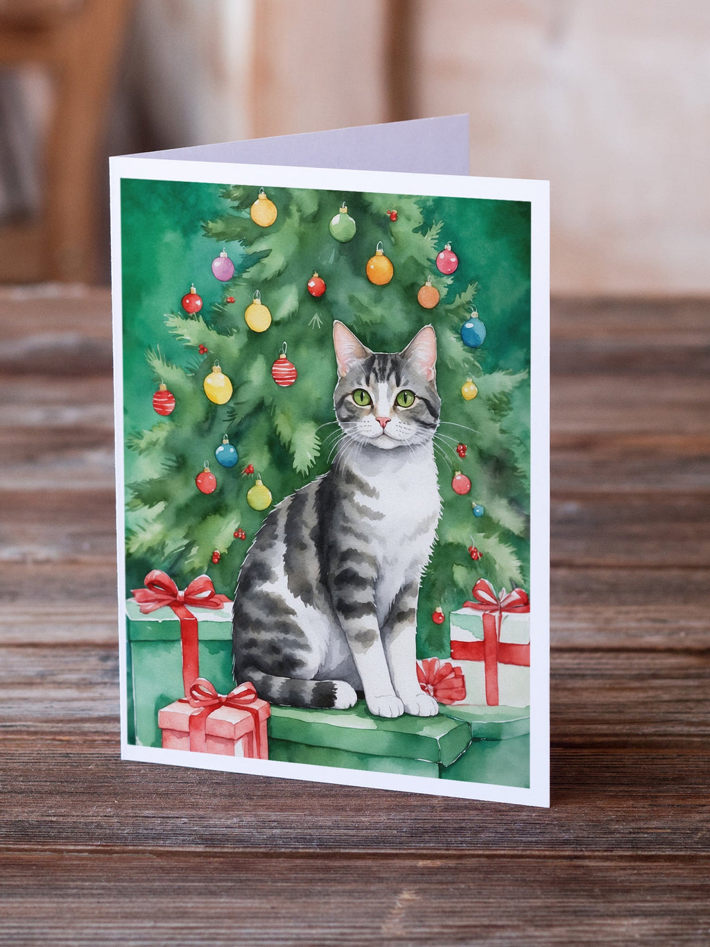 American Wirehair Cat By the Christmas Tree Greeting Cards Pack of 8 Blank Cards with Envelopes Whimsical A7 Size 5x7