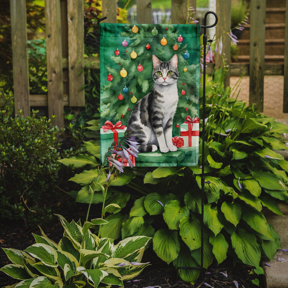 American Wirehair Cat By the Christmas Tree Garden Flag Mailbox Decorative Yard Banner Outside Patio Artwork for Flower Beds, Garden Size, Multicolor