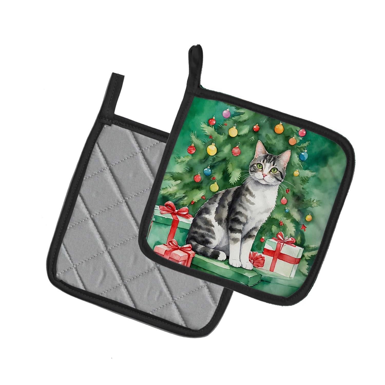 American Wirehair Cat By the Christmas Tree Pot Holder Set of 2 Heat Resistant Quilted Hot Pads 7.5 x 7.5 Inch, Insulated Kitchen Trivets for Cooking & Baking