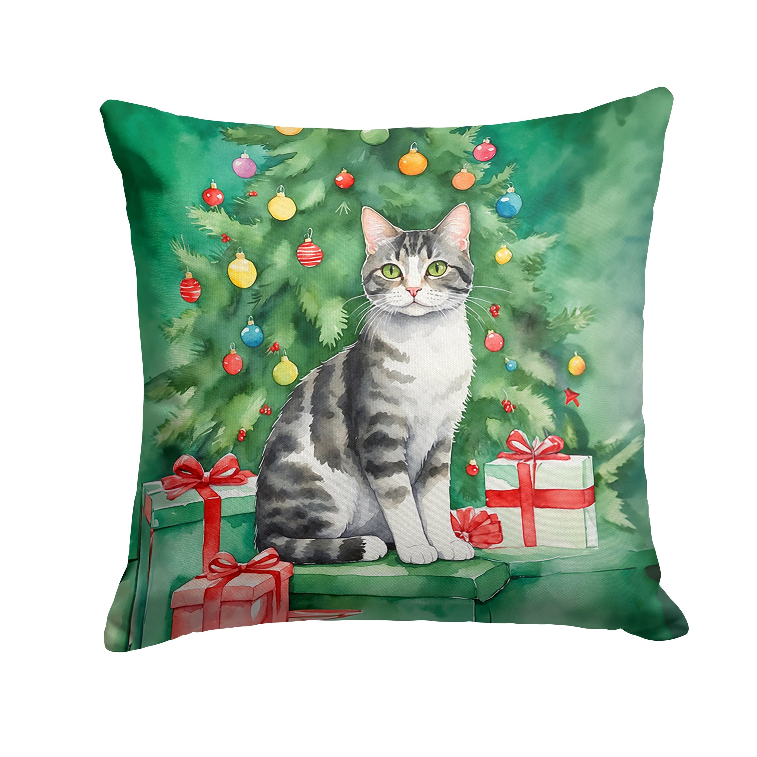 American Wirehair Cat By the Christmas Tree Decorative Throw Pillow 18x18 Indoor Outdoor Accent Cushion, Fabric Cover with Insert for Sofa, Bed, Porch & Living Room
