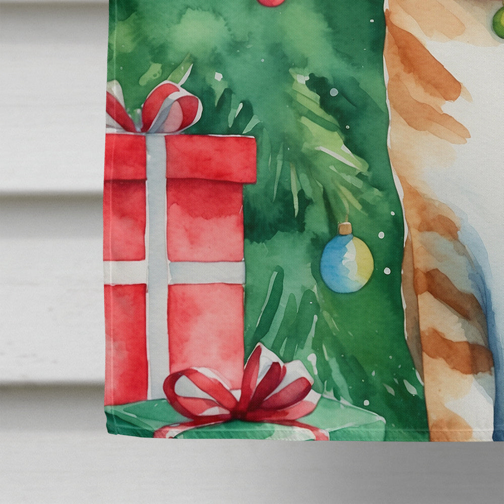 Arabian Mau Cat By the Christmas Tree House Flag 28x40 Porch Sleeve Pole Decorative Outside Yard Banner Artwork Wall Hanging, Polyester