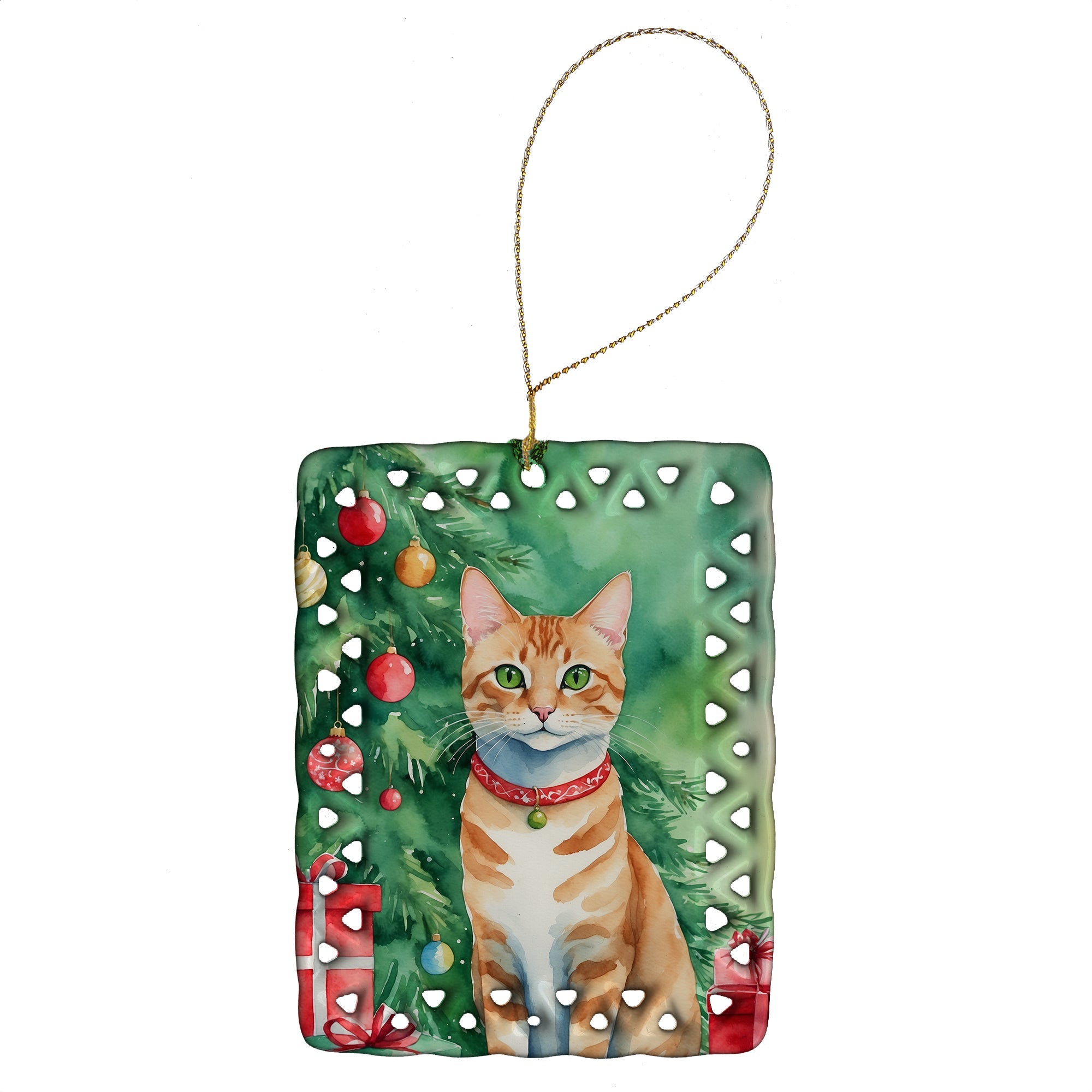 Arabian Mau Cat By the Christmas Tree Porcelain Ornament Christmas Tree Hanging Decorations for Home Christmas Holiday, Rectangle, Gift, Multicolor