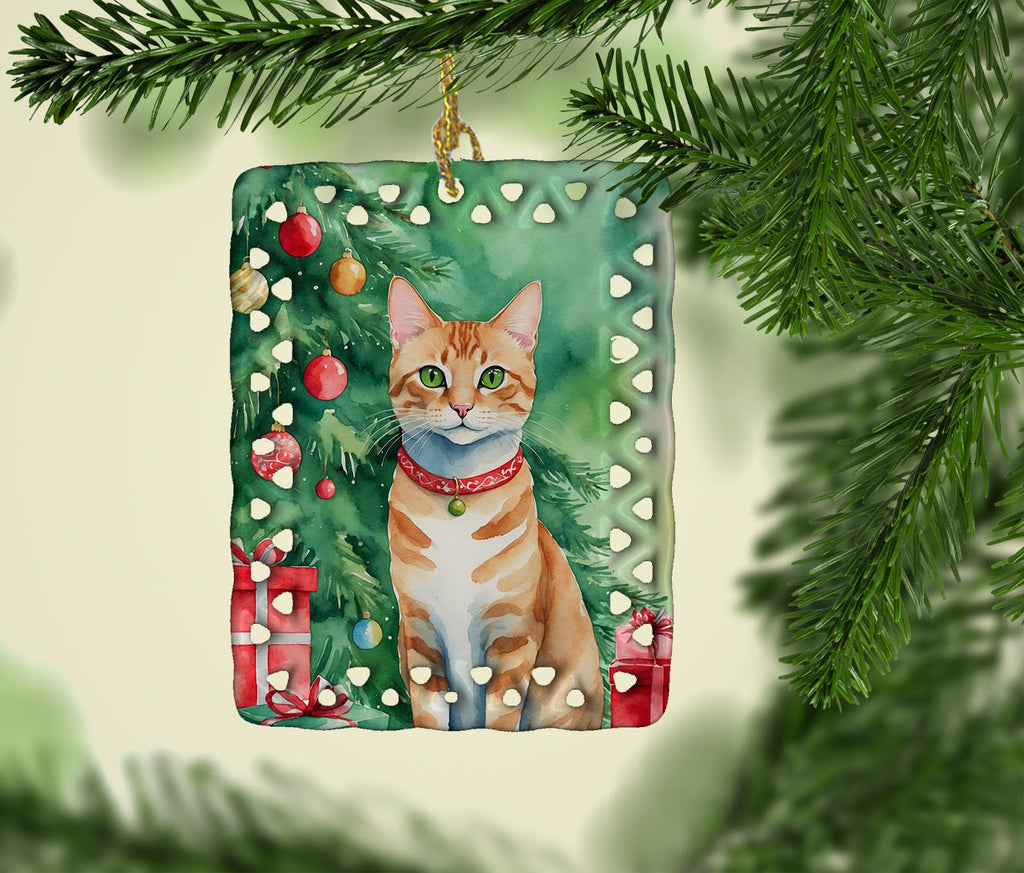Arabian Mau Cat By the Christmas Tree Porcelain Ornament Christmas Tree Hanging Decorations for Home Christmas Holiday, Rectangle, Gift, Multicolor