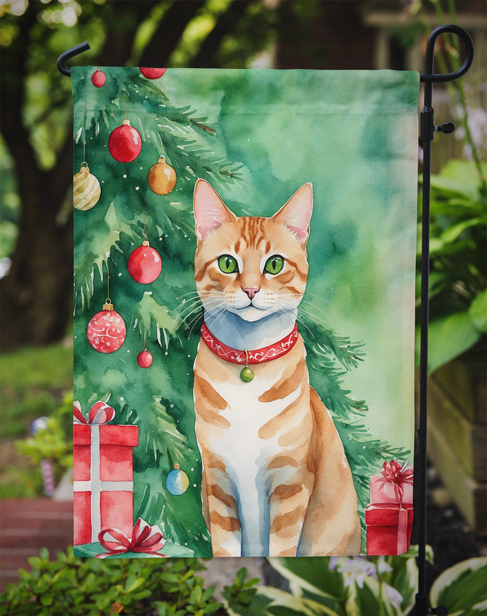 Arabian Mau Cat By the Christmas Tree Garden Flag Mailbox Decorative Yard Banner Outside Patio Artwork for Flower Beds, Garden Size, Multicolor