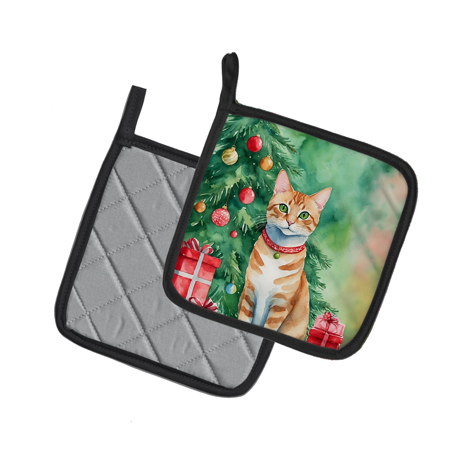 Arabian Mau Cat By the Christmas Tree Pot Holder Set of 2 Heat Resistant Quilted Hot Pads 7.5 x 7.5 Inch, Insulated Kitchen Trivets for Cooking & Baking