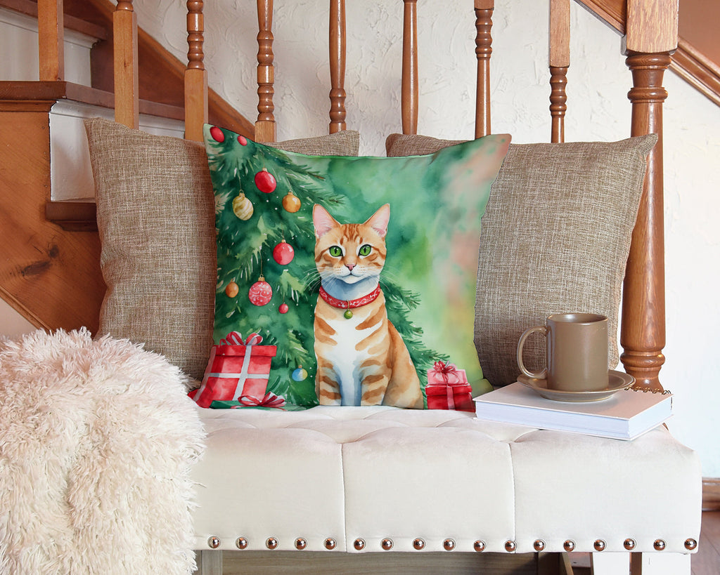 Arabian Mau Cat By the Christmas Tree Decorative Throw Pillow 14x14 Indoor Outdoor Accent Cushion, Fabric Cover with Insert for Sofa, Bed, Porch & Living Room