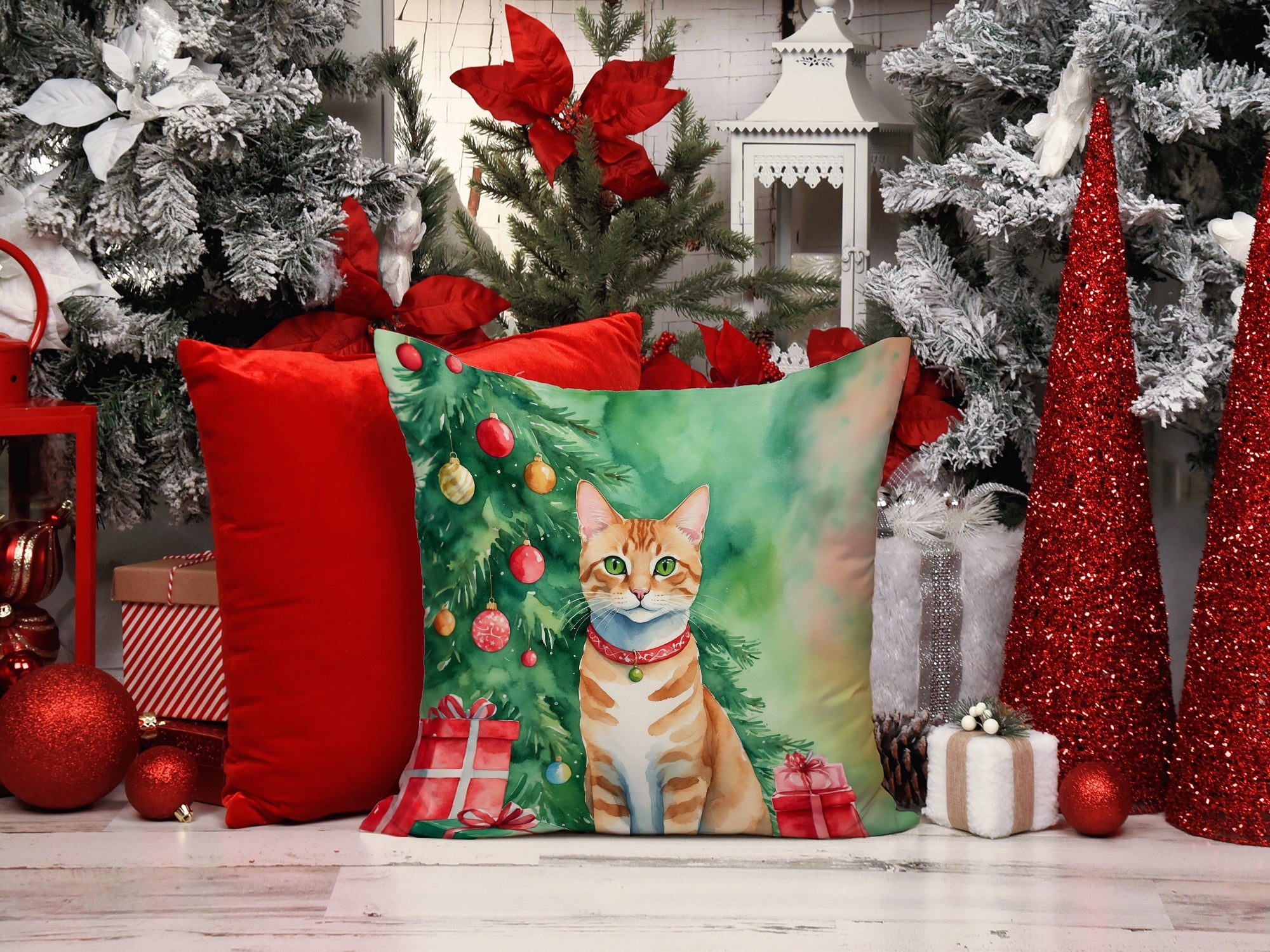 Arabian Mau Cat By the Christmas Tree Decorative Throw Pillow 18x18 Indoor Outdoor Accent Cushion, Fabric Cover with Insert for Sofa, Bed, Porch & Living Room