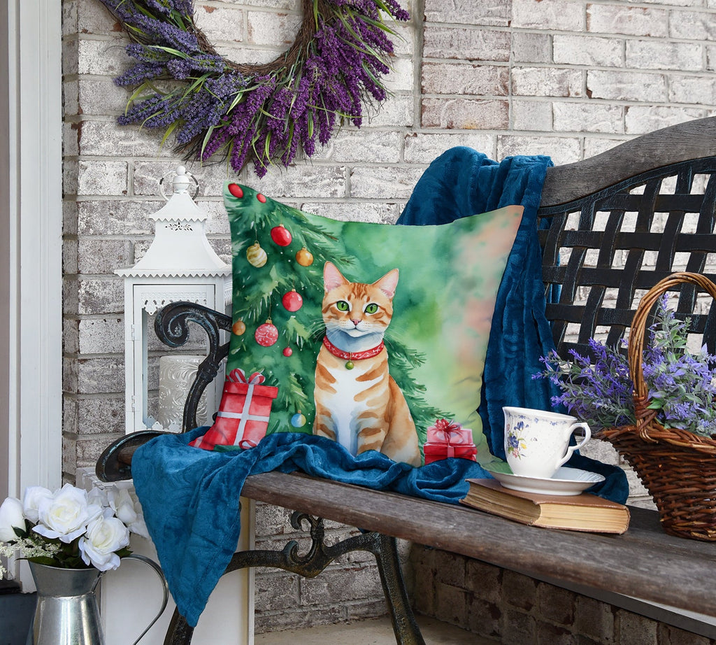 Arabian Mau Cat By the Christmas Tree Decorative Throw Pillow 18x18 Indoor Outdoor Accent Cushion, Fabric Cover with Insert for Sofa, Bed, Porch & Living Room