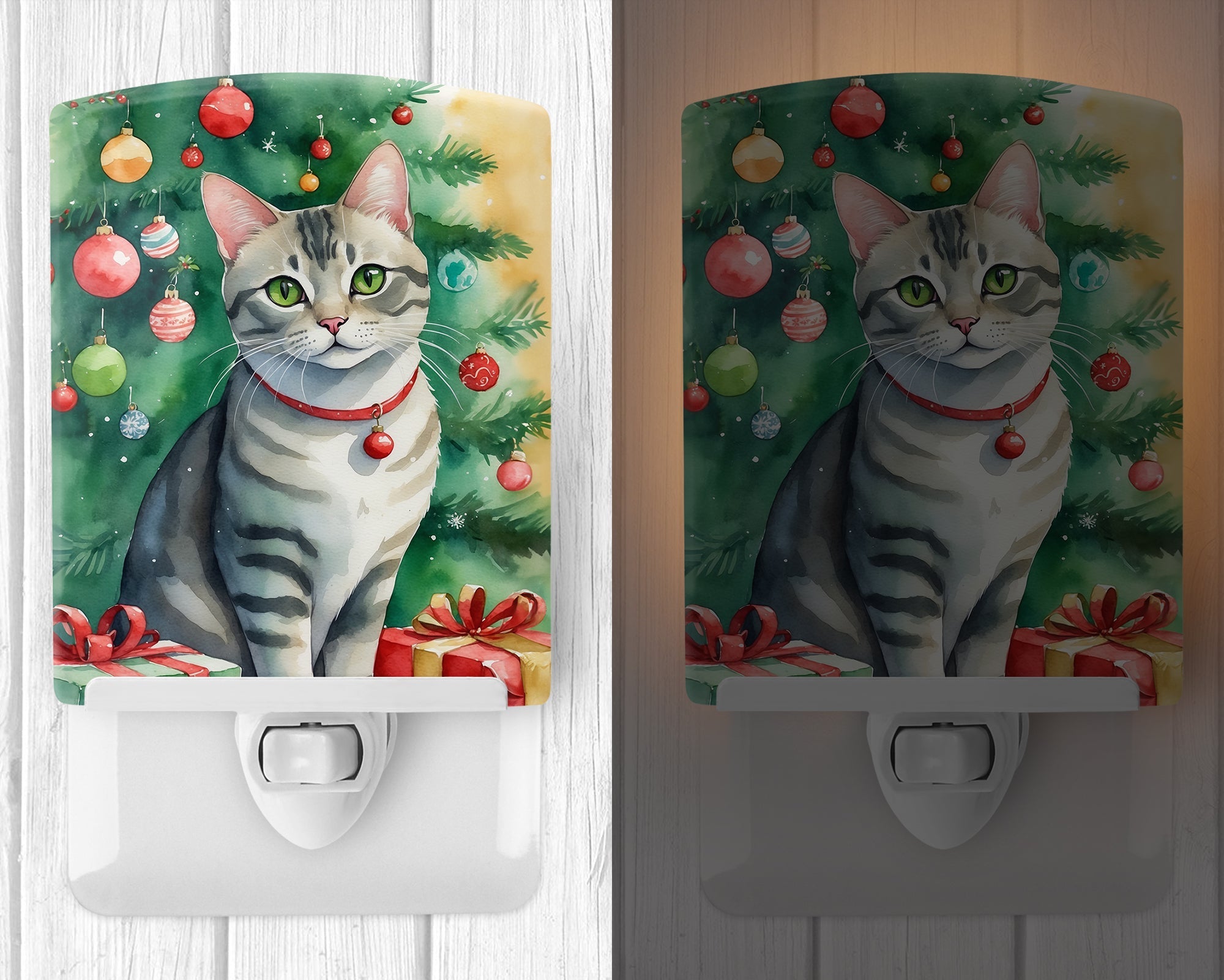 Asian Cat By the Christmas Tree Ceramic Night Light Compact, UL-Certified, Ideal for Bedroom, Bathroom, Nursery, Hallway, Kitchen, 6x4x3, Multicolor