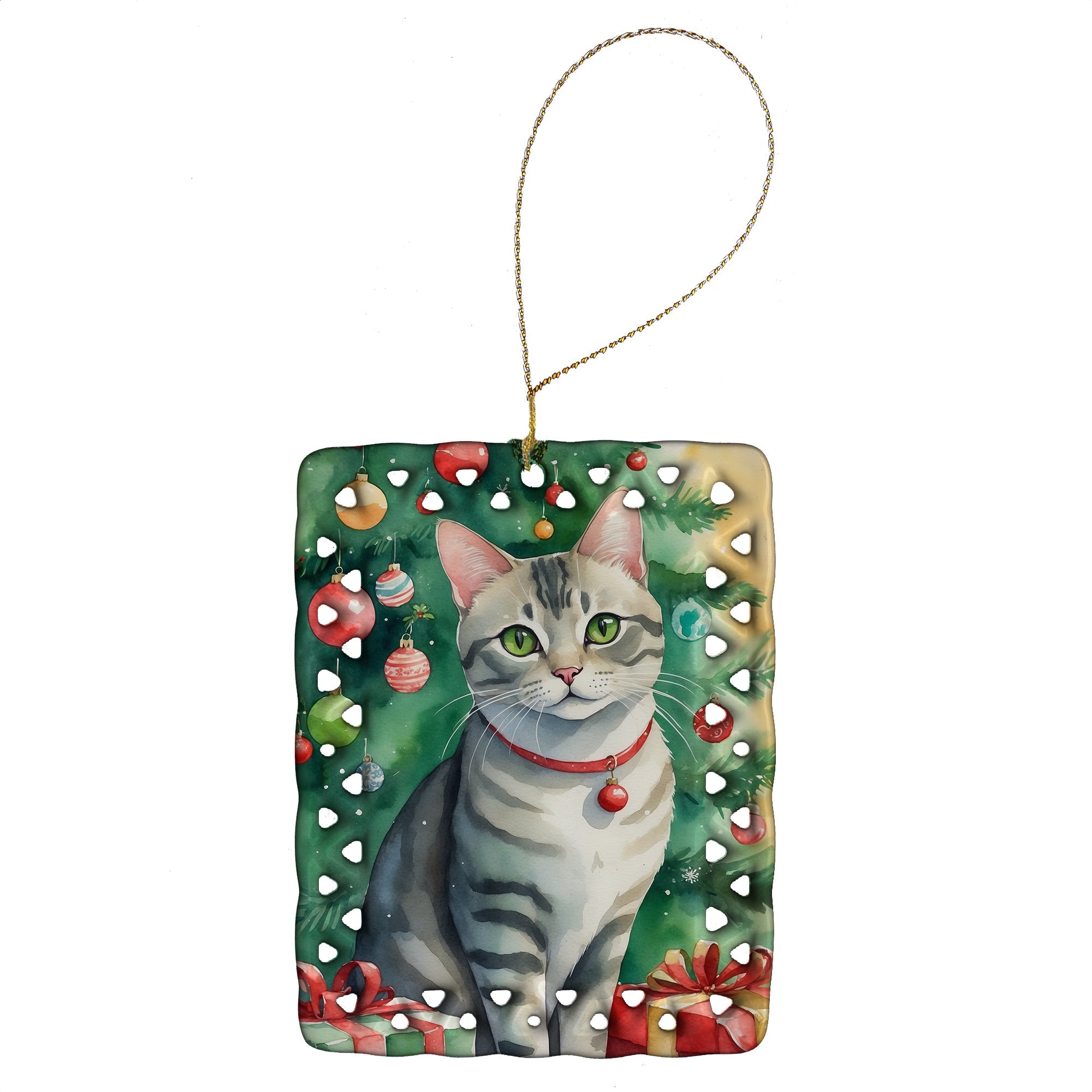 Asian Cat By the Christmas Tree Porcelain Ornament Christmas Tree Hanging Decorations for Home Christmas Holiday, Rectangle, Gift, Multicolor