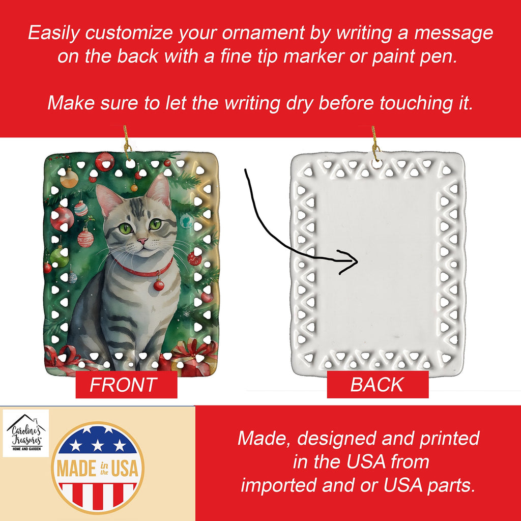 Asian Cat By the Christmas Tree Porcelain Ornament Christmas Tree Hanging Decorations for Home Christmas Holiday, Rectangle, Gift, Multicolor
