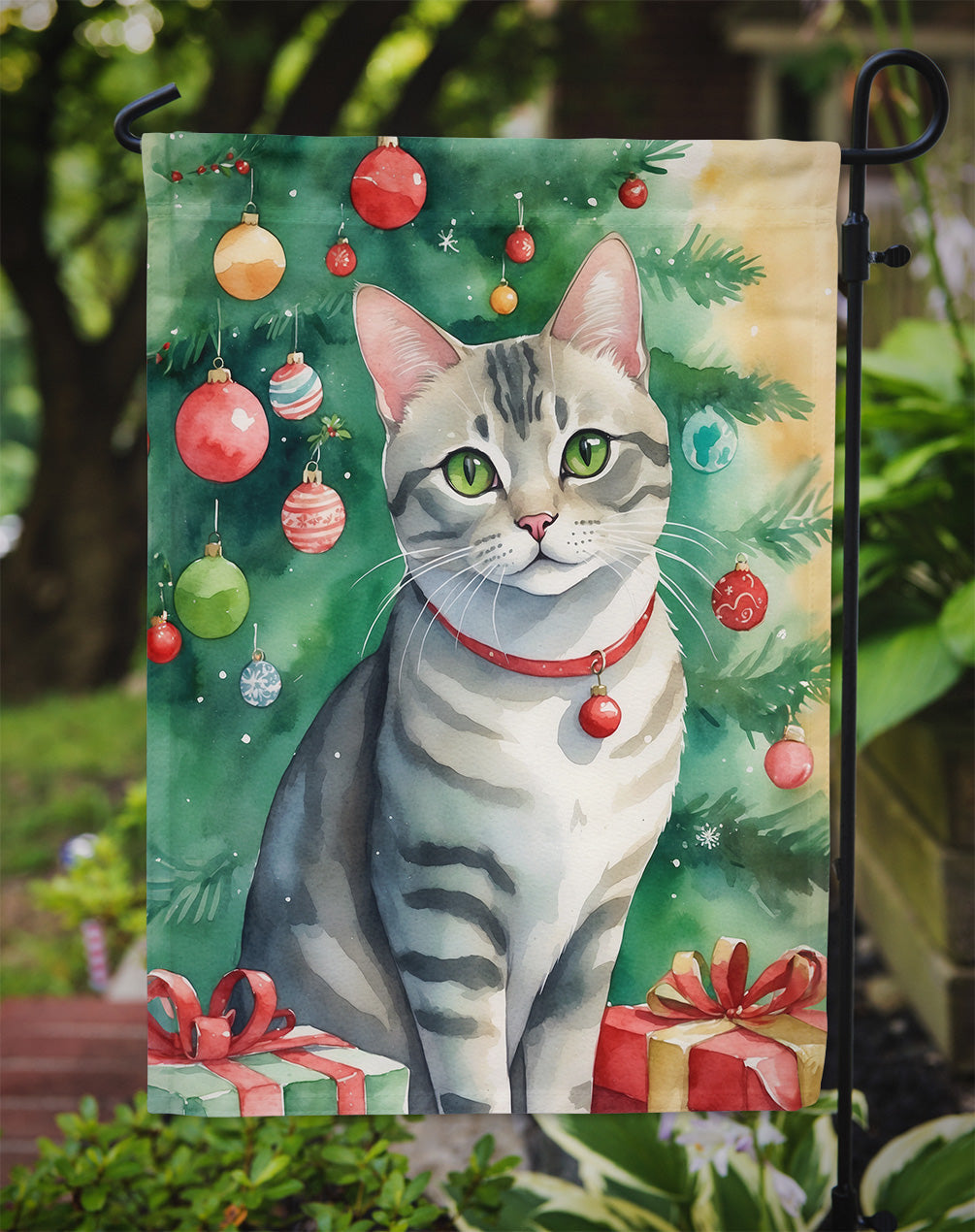 Asian Cat By the Christmas Tree Garden Flag Mailbox Decorative Yard Banner Outside Patio Artwork for Flower Beds, Garden Size, Multicolor
