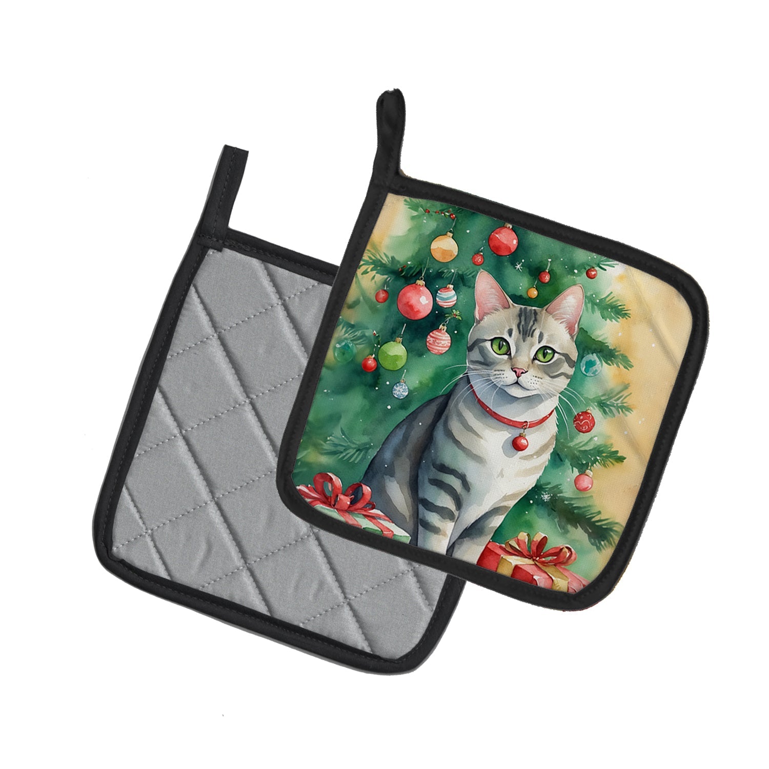 Asian Cat By the Christmas Tree Pot Holder Set of 2 Heat Resistant Quilted Hot Pads 7.5 x 7.5 Inch, Insulated Kitchen Trivets for Cooking & Baking