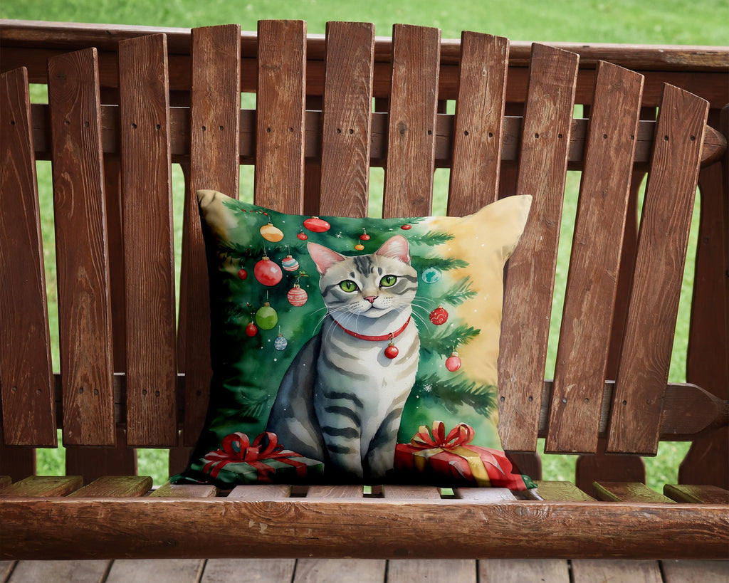 Asian Cat By the Christmas Tree Decorative Throw Pillow 14x14 Indoor Outdoor Accent Cushion, Fabric Cover with Insert for Sofa, Bed, Porch & Living Room
