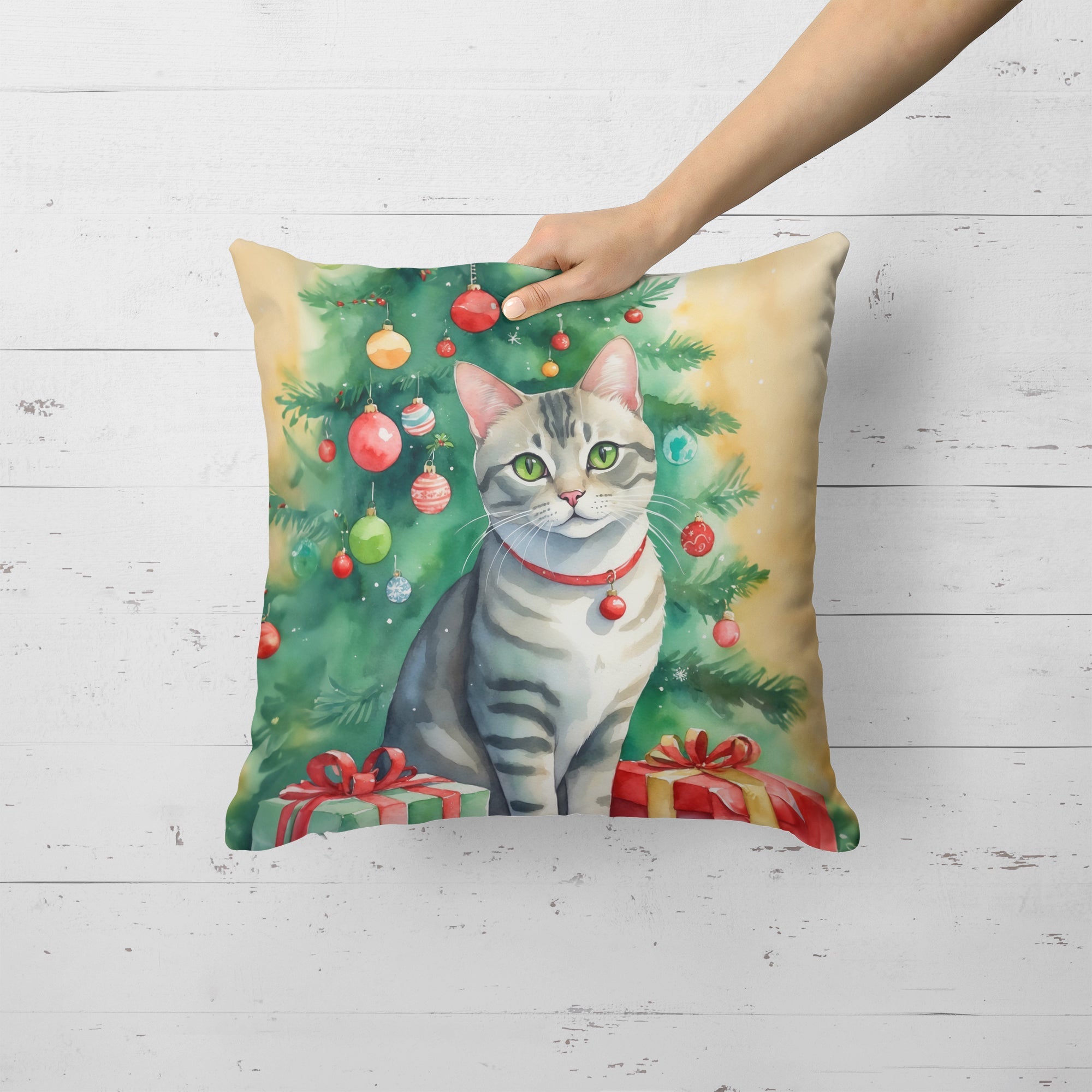 Asian Cat By the Christmas Tree Decorative Throw Pillow 18x18 Indoor Outdoor Accent Cushion, Fabric Cover with Insert for Sofa, Bed, Porch & Living Room
