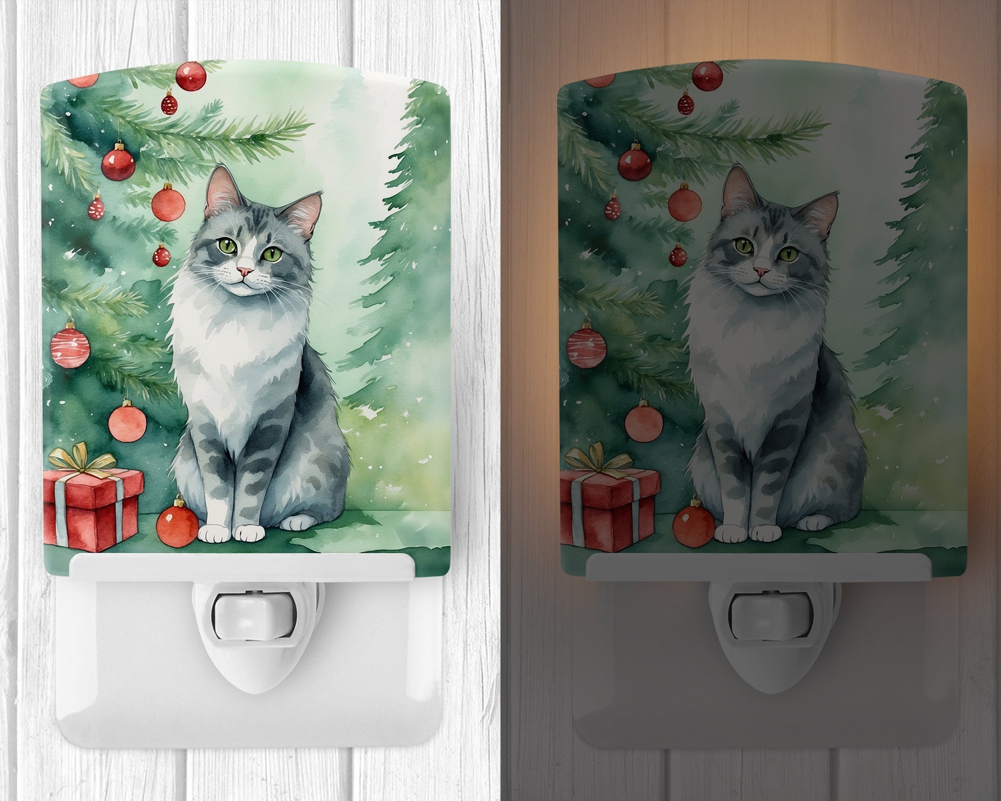 Australian Mist Cat By the Christmas Tree Ceramic Night Light Compact, UL-Certified, Ideal for Bedroom, Bathroom, Nursery, Hallway, Kitchen, 6x4x3, Multicolor